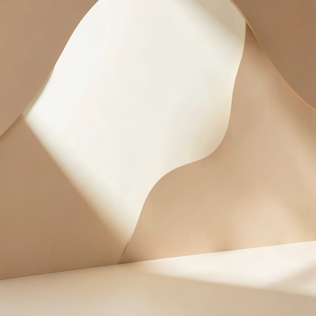 Pale cream and warm clay abstract backdrop with diffused light, soft shadows, and a serene boutique feel.